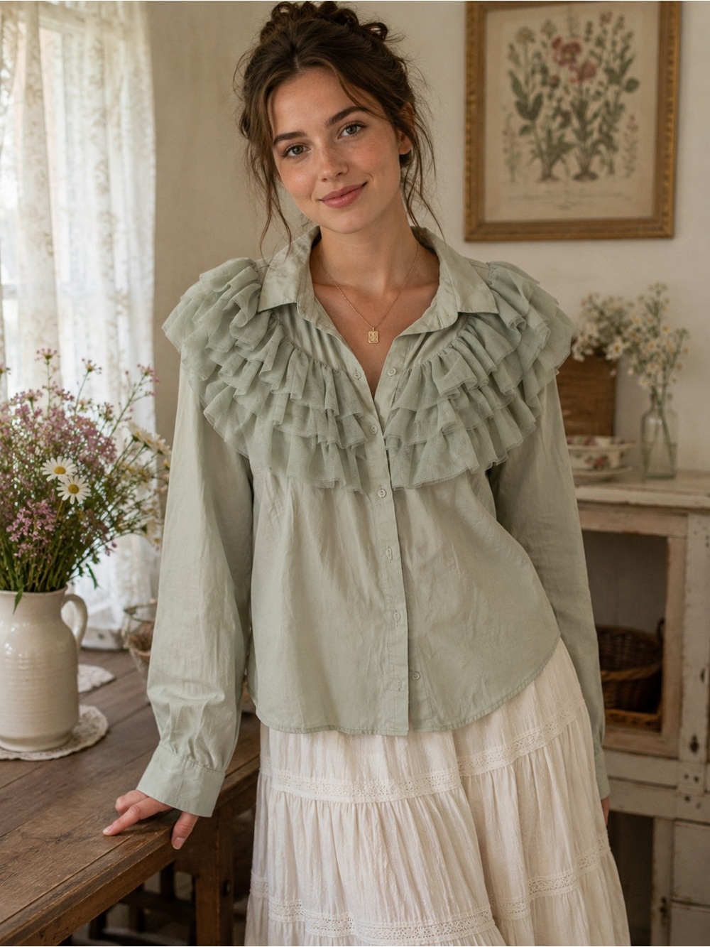 H&M Sage Green Ruffle Blouse Size 10 Cottagecore Romantic Top